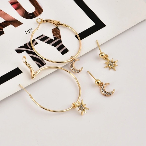 ⚜️[𝟯/$𝟭𝟴]⚜️4 Gold Moon Star Earrings Set NEW - Picture 6 of 7